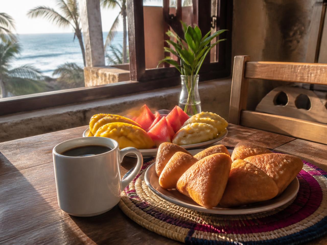 Coastal Mombasa breakfast table with a mug of black coffee and mandazi