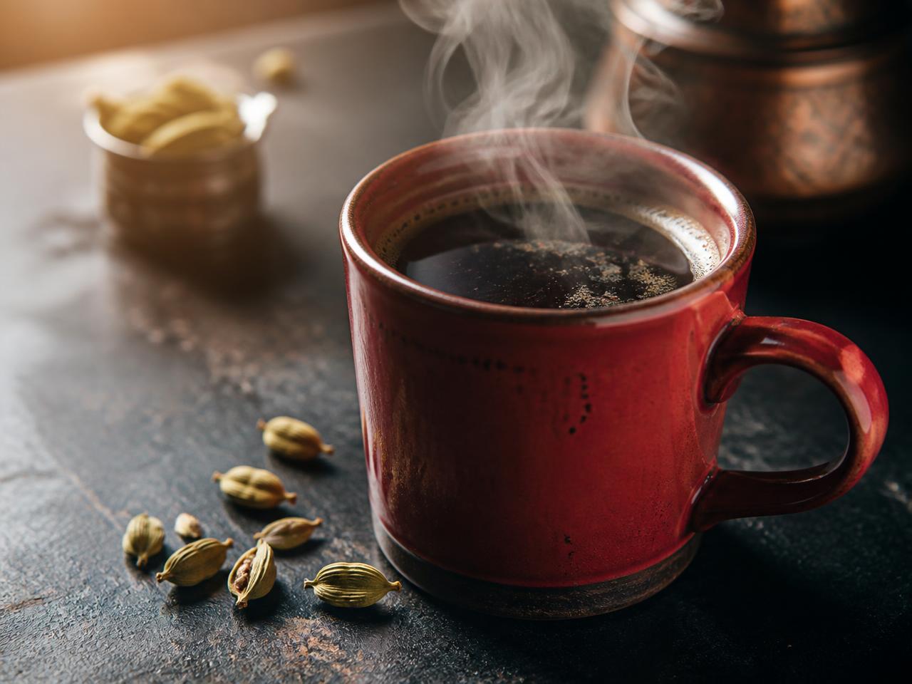 Freshly brewed Ayman spiced coffee in a red mug